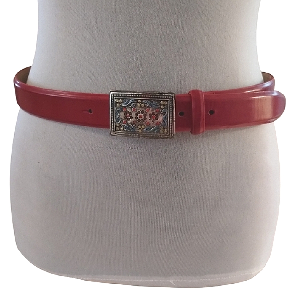 Vintage Sandy Duftler Red Leather Belt with Floral Metal Rhinestone Buckle Sz M